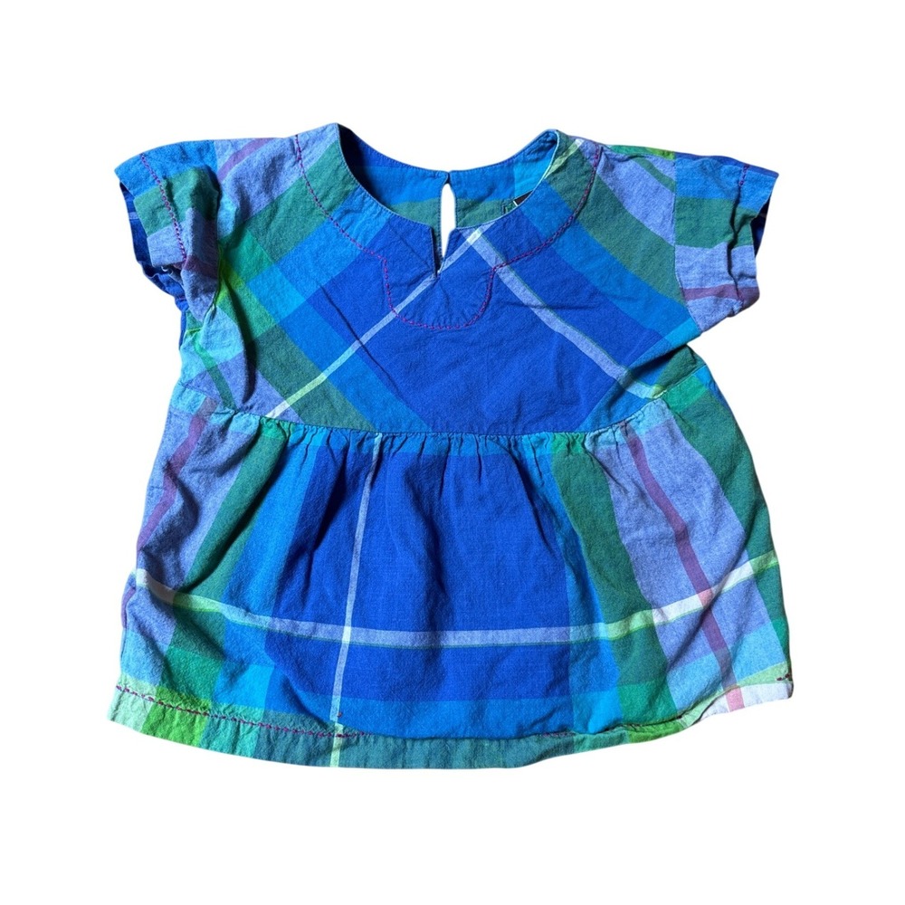 Tea Collection Plaid Top Kids Blue Green Babydoll Short Sleeve SIZE 3
